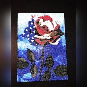 Finished red, white and blue rose diamond painting